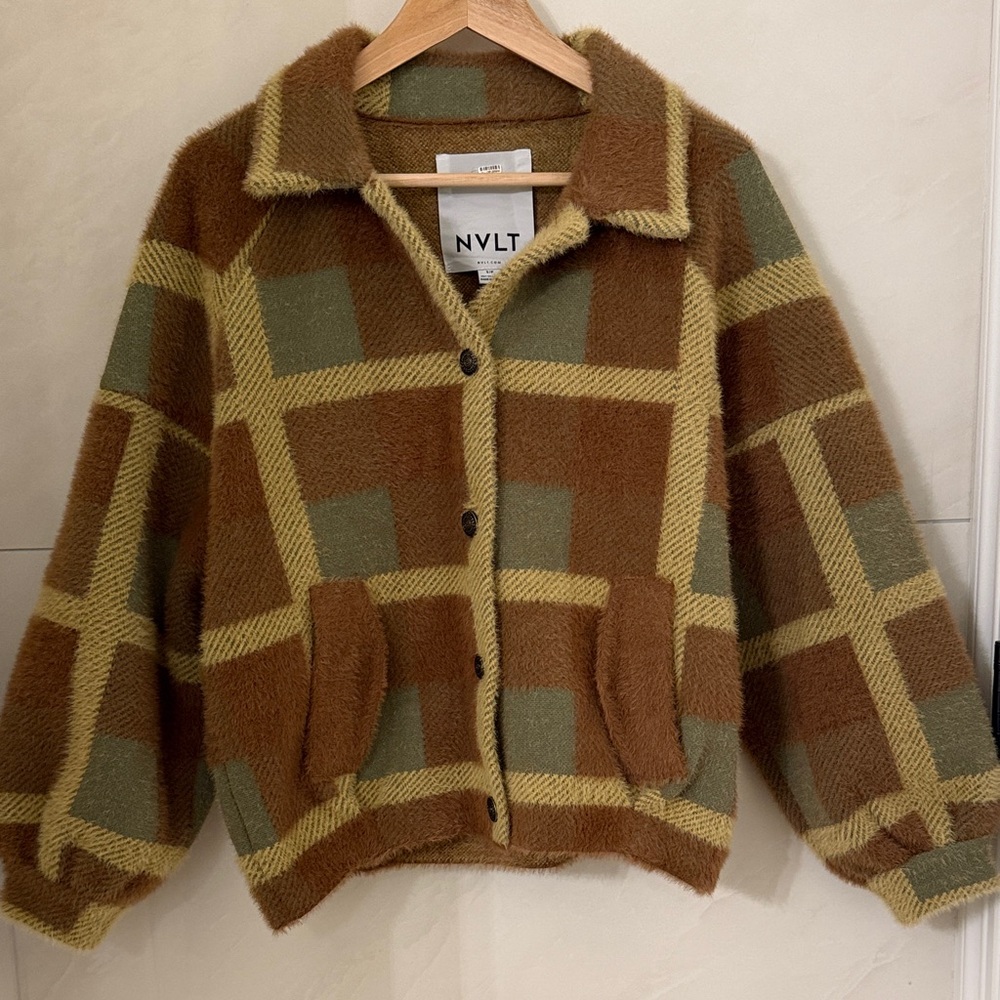 NVLT Anthropologie Plaid Eyelash Bomber Coat Coatigan Jacket Small S